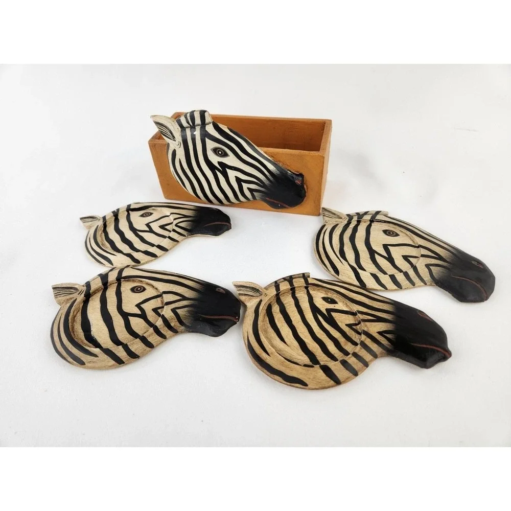 Zebra Head Wood Coasters Set Holder Lily M Wilson Hand Painted Safari MCM‎ VTG